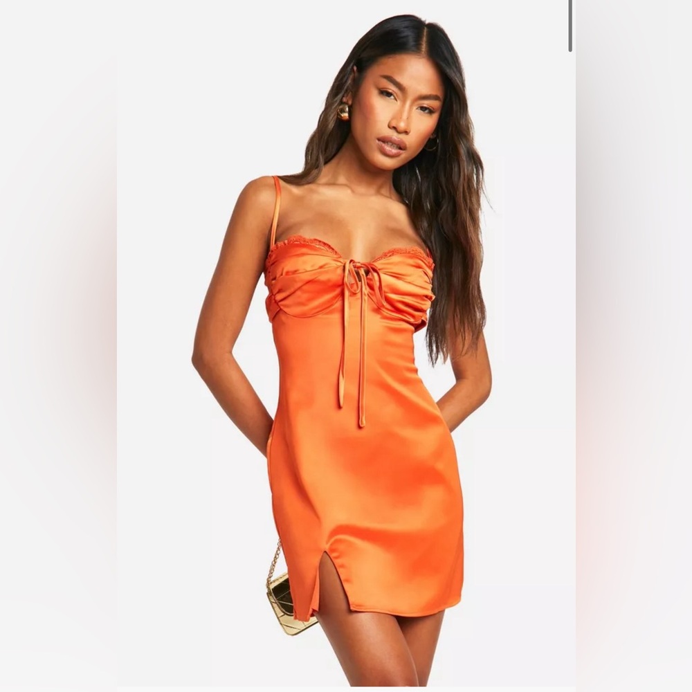 Boohoo Satin Lace Trim Mini Dress